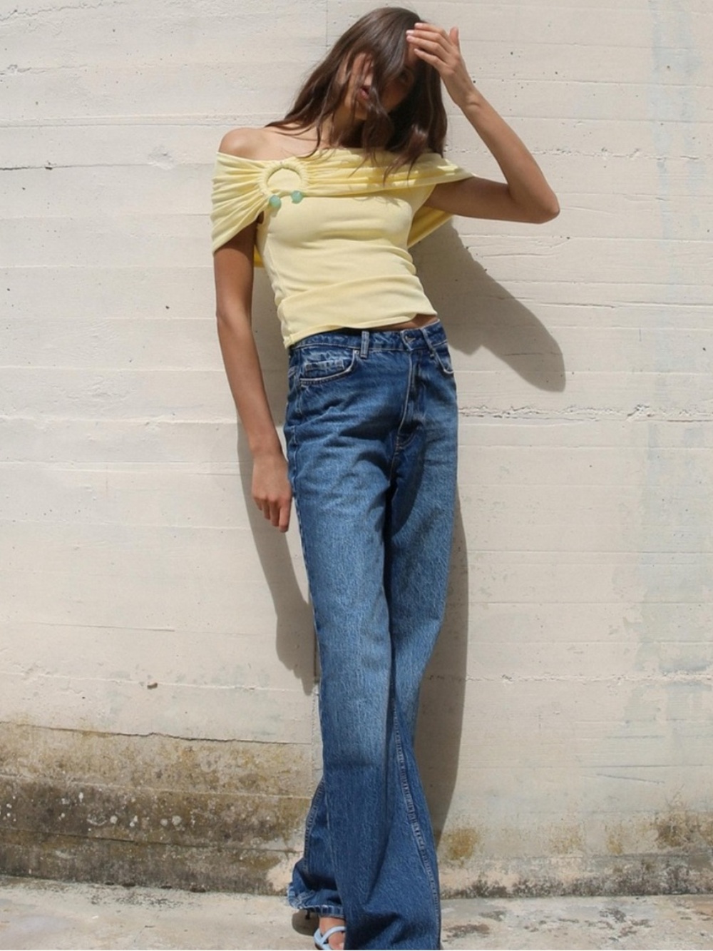 Zara Pale Yellow One-Shoulder Ring-Detail Crop Top